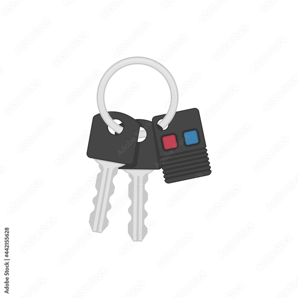 Poster car key and key chain icon. modern cars remote and ignition keys with keyholder of the alarm system.