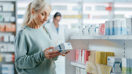 Pharmacy Drugstore: Portrait of a Beautiful Senior Woman Choosing to Buy Medicine, Drugs, Vitamins....