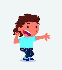Very angry cartoon character of little girl on jeans pointing at something