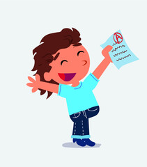  very happy cartoon character of little girl on jeans with a exam in hand.