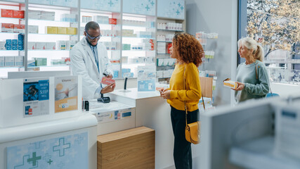 Pharmacy Drugstore Checkout Counter: Professional Black Pharmacist Provides Best Customer Service...