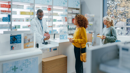 Pharmacy Drugstore Checkout Counter: Professional Black Pharmacist Provides Best Customer Service to Diverse Group of Multi-Ethnic Clients Buying Medicine Paying with Contactless Payment Credit Cards