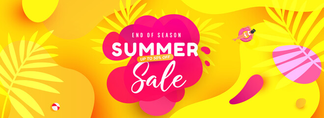 Creative summer sale banner in trendy bright colors with tropical leaves and discount text. Season promotion illustration.