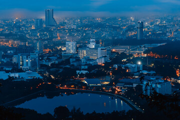 Songkhla, Thailand -June 4, 2020 : Cityscape view in morning time, scene of Kho hong Hill in Hatyai city, Songkla, Thailand.