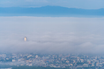 Songkhla, Thailand -June 4, 2020 : Cityscape view in morning time, scene of Kho hong Hill in Hatyai city, Songkla, Thailand.