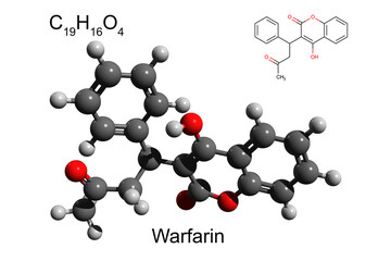 Chemical formula, skeletal formula, and ball-and-stick model of warfarin, an anticoagulant drug