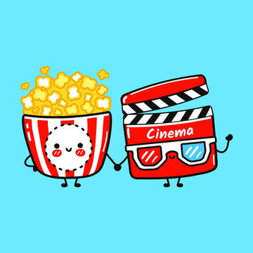 Cute happy popcorn and сlapperboard. Isolated on blue background. Cartoon character illustration design, simple flat style. Popcorn and сlapperboard friends concept