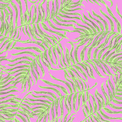 Vector seamless pattern with colorful illustration of tropical palm leaves. For wallpaper, textile print, pattern fills, web page, surface textures, wrapping paper, design of presentation