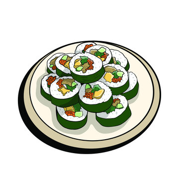 rice, meat, vegetables in kimbab traditional korean food illustration