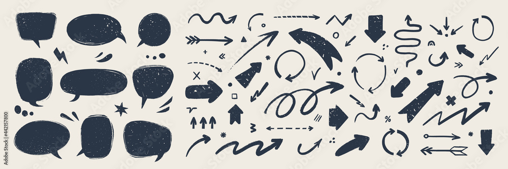 Fototapete abstract arrows and speech bubbles set. various doodle arrows and talk balloons with grunge texture.