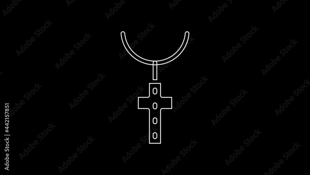 Sticker White line Christian cross on chain icon isolated on black background. Church cross. 4K Video motion graphic animation