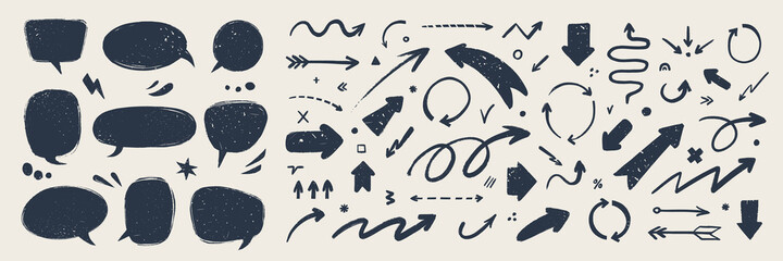 Abstract arrows and Speech bubbles set. Various doodle arrows and talk balloons with grunge texture. Hand-drawn abstract vintage infographic Vector collection. © ✦ Bizarre Factory ✦