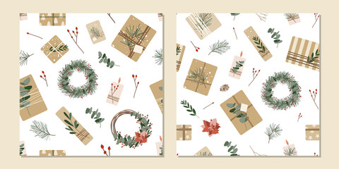 Christmas presents in kraft paper with twine ribbon and wreaths. Rustic gift box. Eco decoration, eucalyptus and spruce. Xmas and New 2022 Year celebration preparation. Vector flat seamless pattern