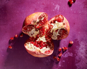 Pomegranate split open on a purple background