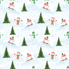 Watercolor Christmas pattern with snowmen, christmas tree and snowflakes on white snowy background. Hand drawn watercolor illustration.