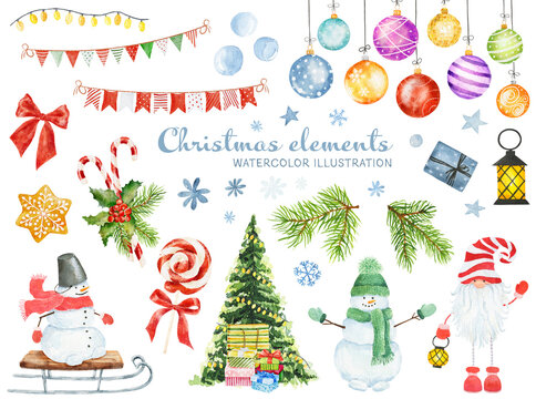 Set of watercolor Christmas elements isolated on white background.