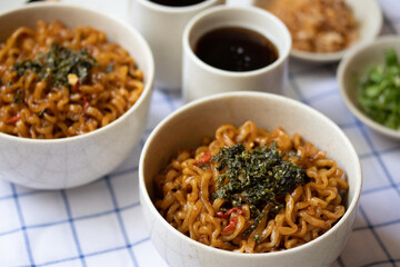 Korean hot and spicy instant noodle and seaweed