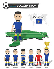 Kosovo national soccer cup team . Football player with sports jersey stand on perspective field country map and world map . Set of footballer positions . Cartoon character flat design . Vector .