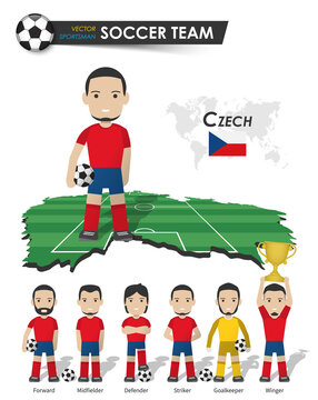 Czech republic national soccer cup team . Football player with sports jersey stand on perspective field country map and world map . Set of footballer positions . Cartoon character flat design . Vector