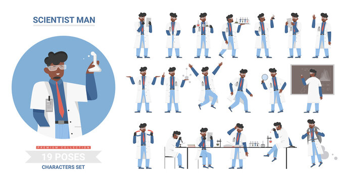 African american black scientist man poses vector illustration set. Cartoon male character working in scientific research laboratory, holding lab flask tube, model of atom, science work posture