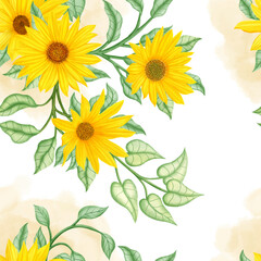 Seamless pattern watercolor summer sunflower background