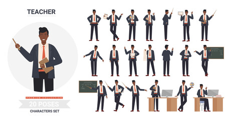 African american black teacher man poses vector illustration set. Cartoon professional male school teacher professor character holding pointer books, standing chalkboard in teaching postures isolated