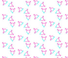 Female, male and transgender symbols seamless pattern. Repetitive vector illustration of sexuality icons on transparent background. Intersex signs. EPS 10.