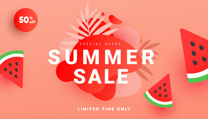 Summer sale banner in trendy style with tropical leaves and flying ripe watermelon slices in the air on bright pink minimal background