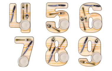 The numbers 4, 5, 6, 7, 8, 9 are made of wooden boards and dishes for the kitchen