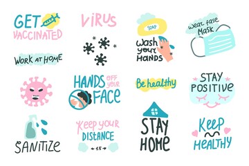 Cartoon icons with quotes. A set of stickers for the prevention of the COVID-19 coronavirus. Cartoon icons with quotes. Vector illustration. Vaccination during a pandemic.
