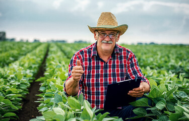 Farmer in a soybean field. Agricultural concept