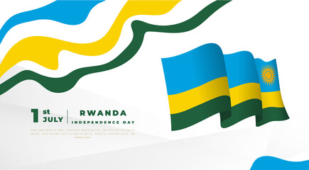 Banner illustration of Rwanda independence day celebration. Waving flag and hands clenched. Vector illustration.