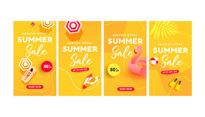 Summer sale vector illustration banners for social media stories sale, web page, mobile phone. Hot season discount poster. Minimal trendy style