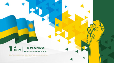 Banner illustration of Rwanda independence day celebration. Waving flag and hands clenched. Vector illustration.