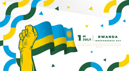 Banner illustration of Rwanda independence day celebration. Waving flag and hands clenched. Vector illustration.