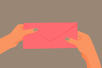 Womans hands holding a pink envelope. Vector illustration.