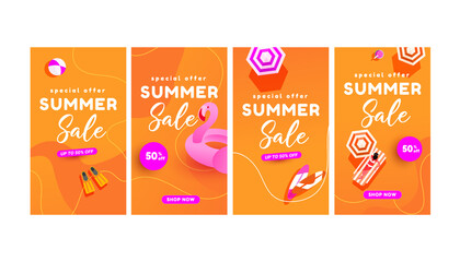 Summer hot season discount posters set for social media stories sale, web page, mobile phone. Trendy editable stories design templates - obrazy, fototapety, plakaty