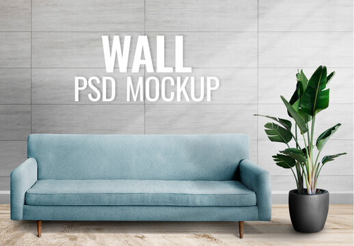 Wall Mockup with Blue Sofa in Living Room