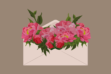 Pink peonies in an open envelope. Vector illustration.