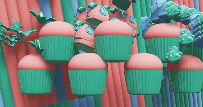 Creative Minimal 3d art. Animated stylish cakes and phone. Trendy color combination, Perfect background for music. 4k video.