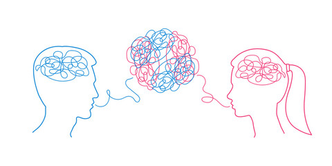 Man and woman dialogue with confused thoughts in their brain. Male and female head silhouettes with convoluted mind and speech. Couple communication, relationship concept. Vector illustration. - obrazy, fototapety, plakaty