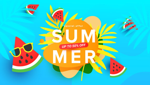 Summer sale vector illustration with tropical leaves, ripe watermelon in trendy bright colors. Promotion banner for website, flyer and poster. Vector illustration