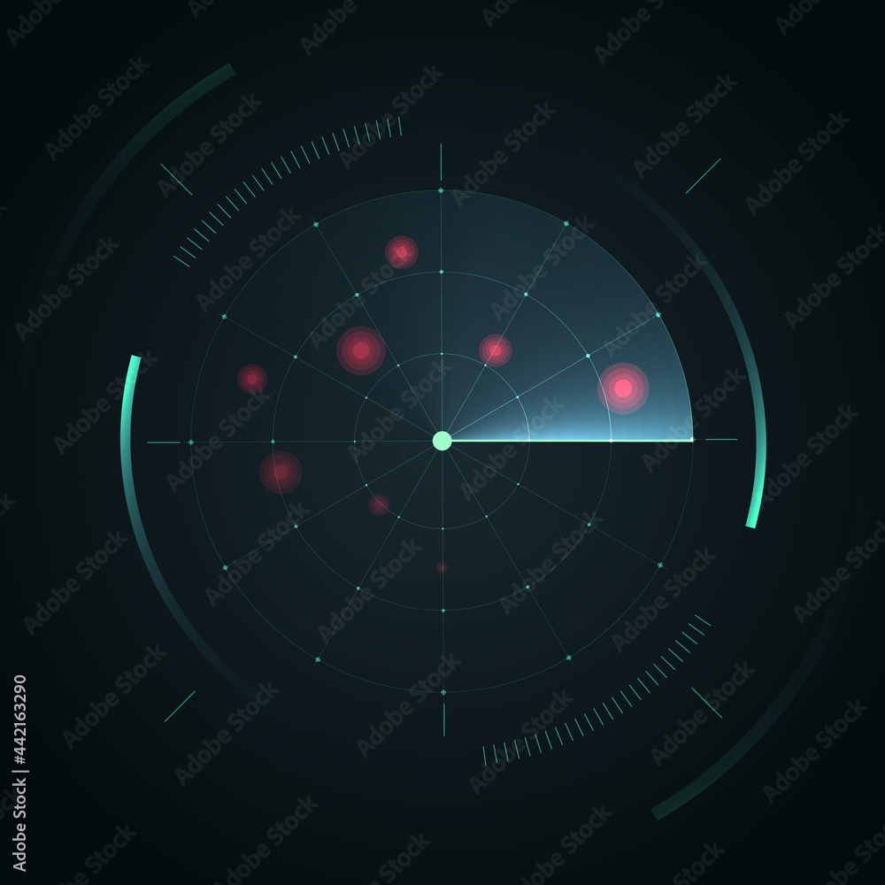 Poster Radar Screen. Hud display. Vector Radar interface on dark background.