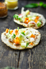 tacos stuffed vegetables doner kebab flatbread vegetable taco on the table healthy food meal snack copy space food background rustic. top view keto or paleo diet veggie vegan or vegetarian food