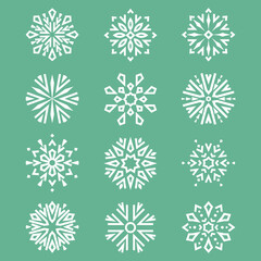 Snowflakes icon collection. Graphic modern green and white ornament