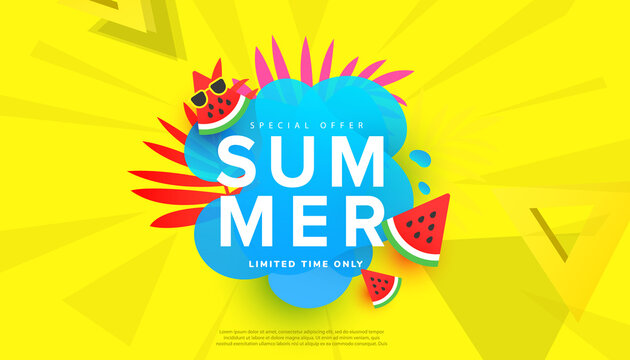 Creative summer sale horizontal banner in trendy bright colors with tropical leaves and bubble forms, watermelon discount text. Season promotion illustration.