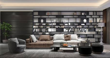 Illustration 3D rendering large luxury modern bright interiors Living room mockup computer digitally generated image