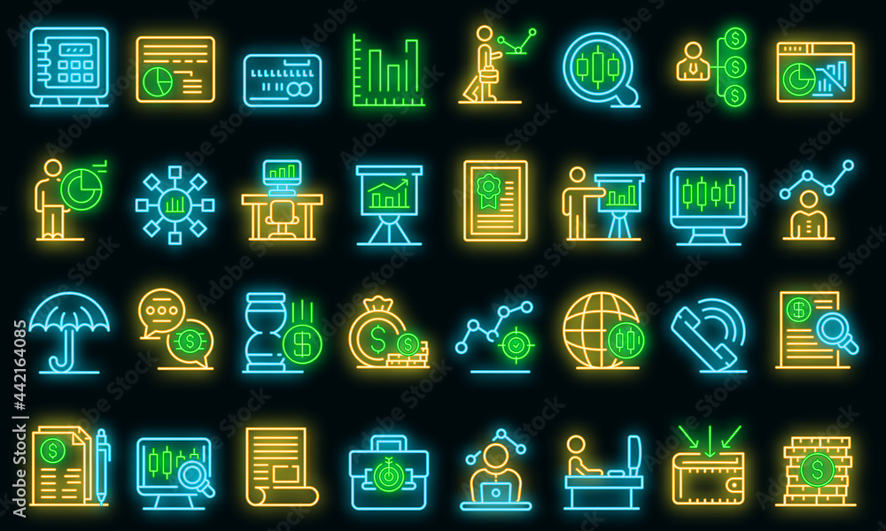 Poster trader icons set. outline set of trader vector icons neon color on black