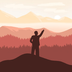 A person standing on top of the mountain pointing at the setting sun rising sun. 2D Flat simple illustration of success and freedom following dreams, climbing business mountains and never give up. 