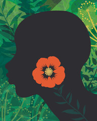 Silhouette of a female head without hair in profile on a vegetable background